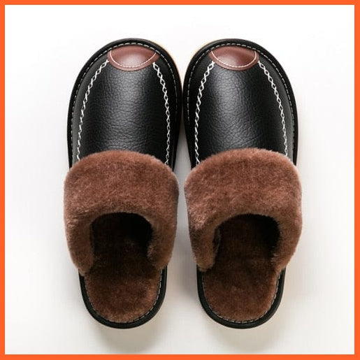 whatagift.com.au Black Brown / 6.5 Men Winter Leather Slippers Cotton Slippers | Waterproof Thick Plus Velvet Indoor Warm Slippers