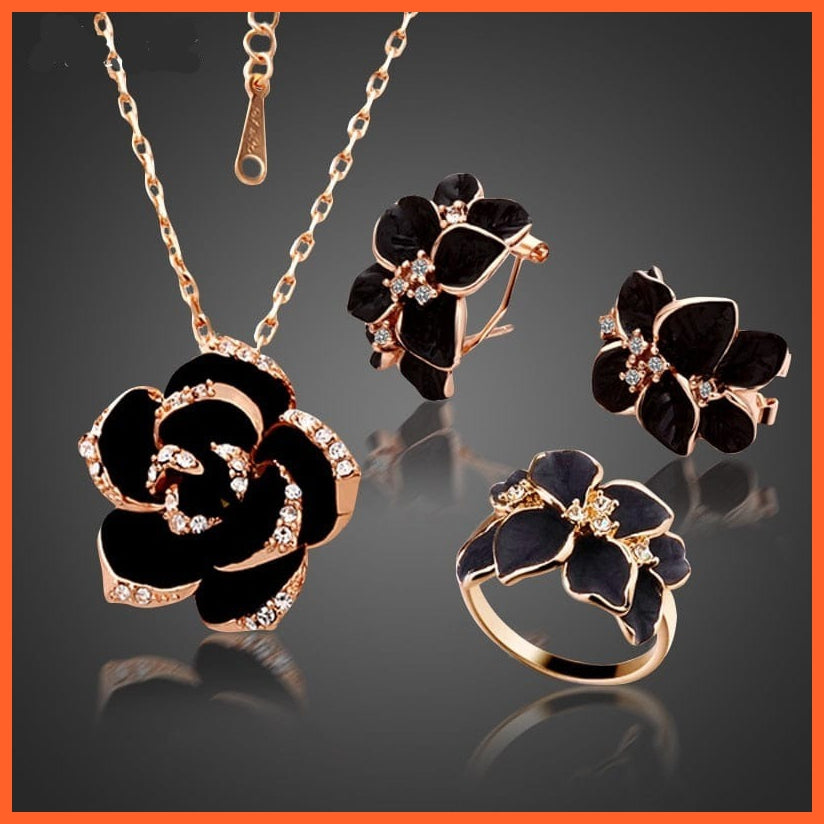 whatagift.com.au Black Color Rose Gold Rose Flower Enamel Jewelry Set  for Women