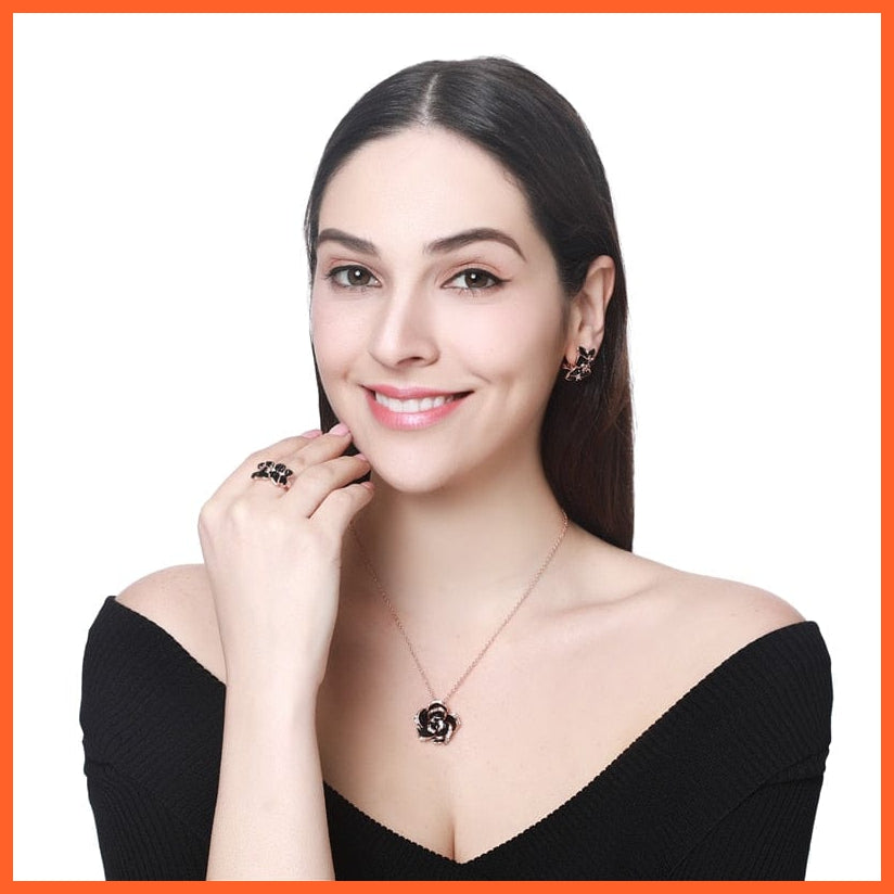 whatagift.com.au Black Color Rose Gold Rose Flower Enamel Jewelry Set  for Women