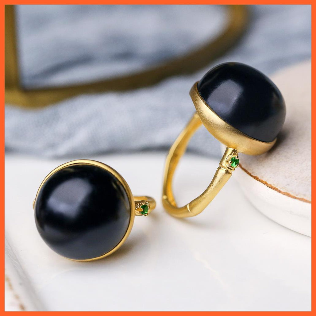 whatagift.com.au Black Jade Round Bead Opening Adjustable Ring For Women