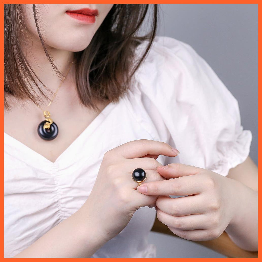 whatagift.com.au Black Jade Round Bead Opening Adjustable Ring For Women