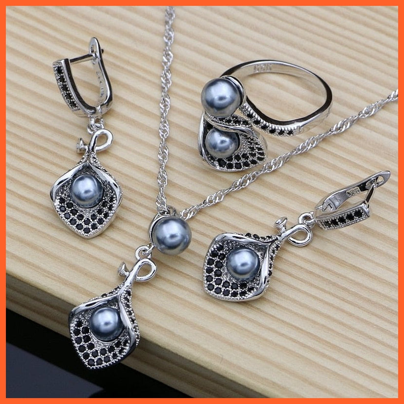 whatagift.com.au Black / Resizable White Pearl 925 Silver Jewelry Sets  | Pendant Drop Earrings Open Rings For Women