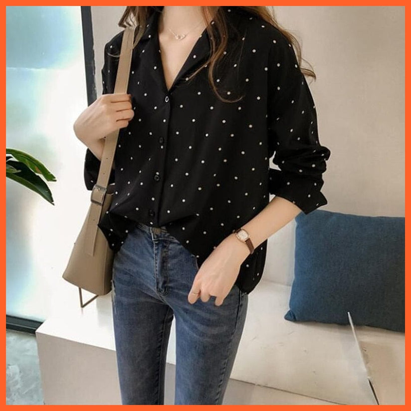 whatagift.com.au Black / S Pocket Long Sleeve Turn Down Collar Women Blouse Office Lady Polka Dot Cotton Casual Shirts 2021 New Spring
