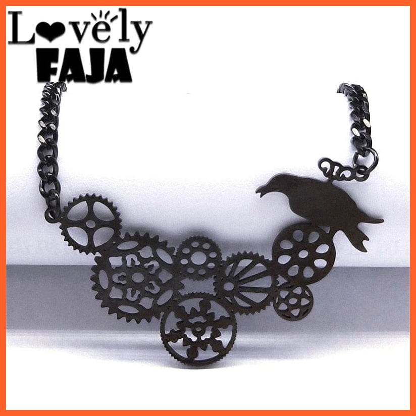 whatagift.uk Black Stainless Steel Gear Bird Crow Pendant Necklace