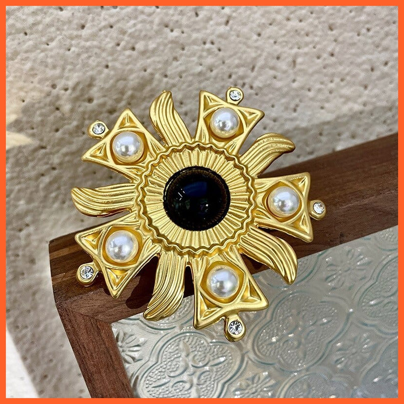 whatagift.com.au Black Vintage Sun Flower Rhinestone Pearl Brooches Pins For Women