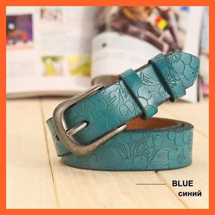 whatagift.com.au Blue / 110cm Waist 87cm 6 Colors Floral Carved Genuine Leather Belts For Women