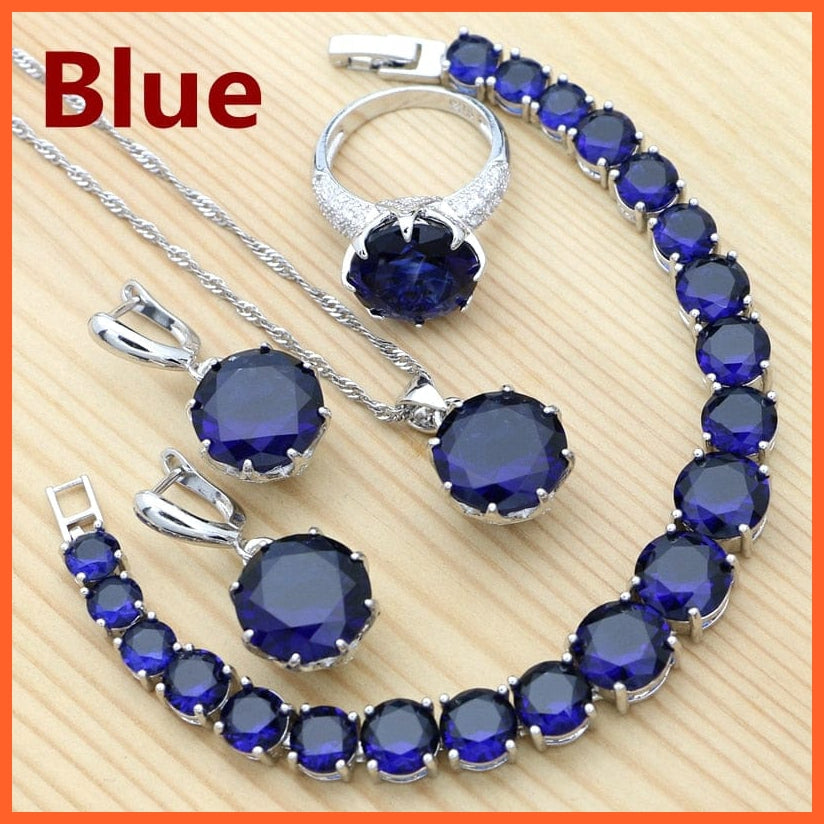 whatagift.com.au Blue / 6 Olive Green 925 Silver Jewelry Sets For Women | Crystal Ring Bracelet Necklace Pendant Earrings
