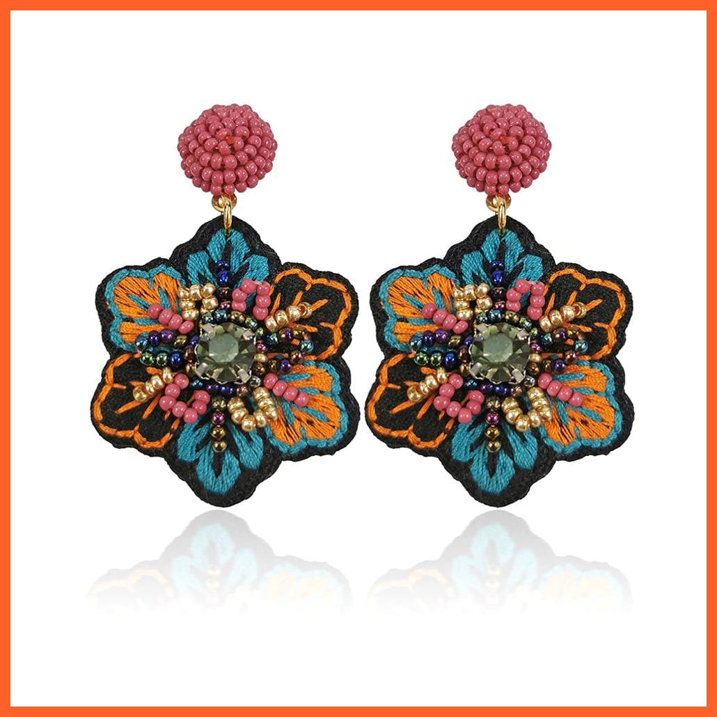 whatagift.com.au Blue Earrings Flower Shape Bohemian Beads Earrings For Women | Handmade Embroidered Flower Beaded Drop Earrings