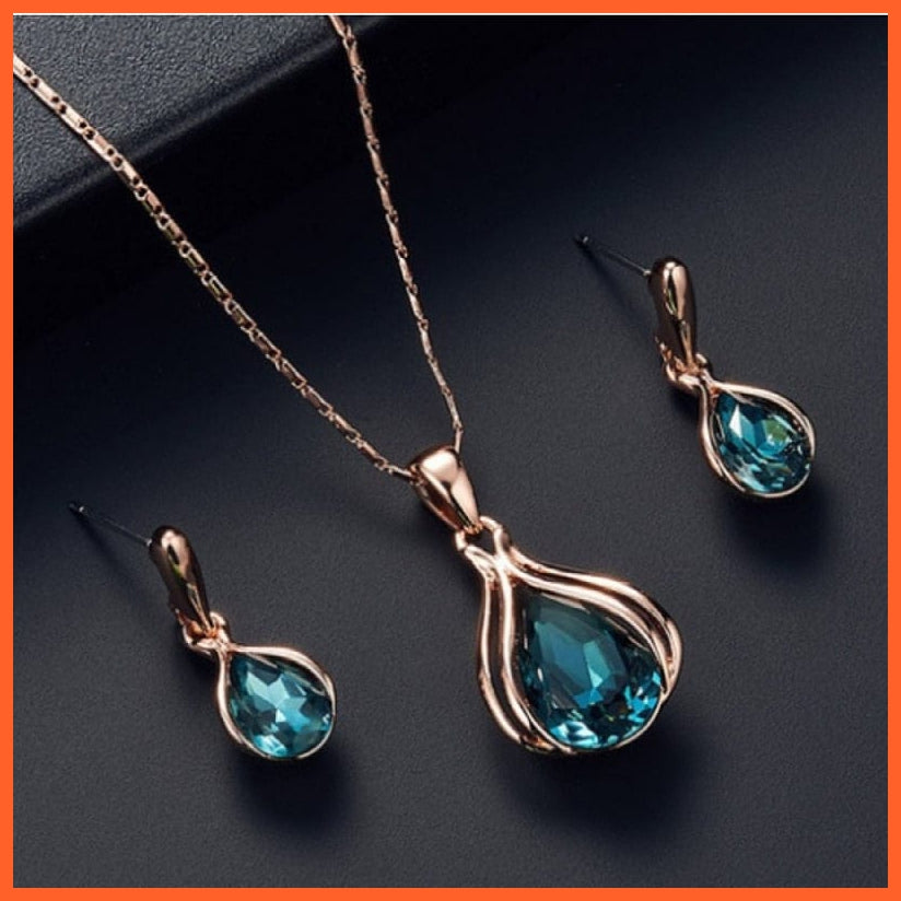 whatagift.com.au Blue Green Water Drop Crystal Earrings Necklace Set For Women