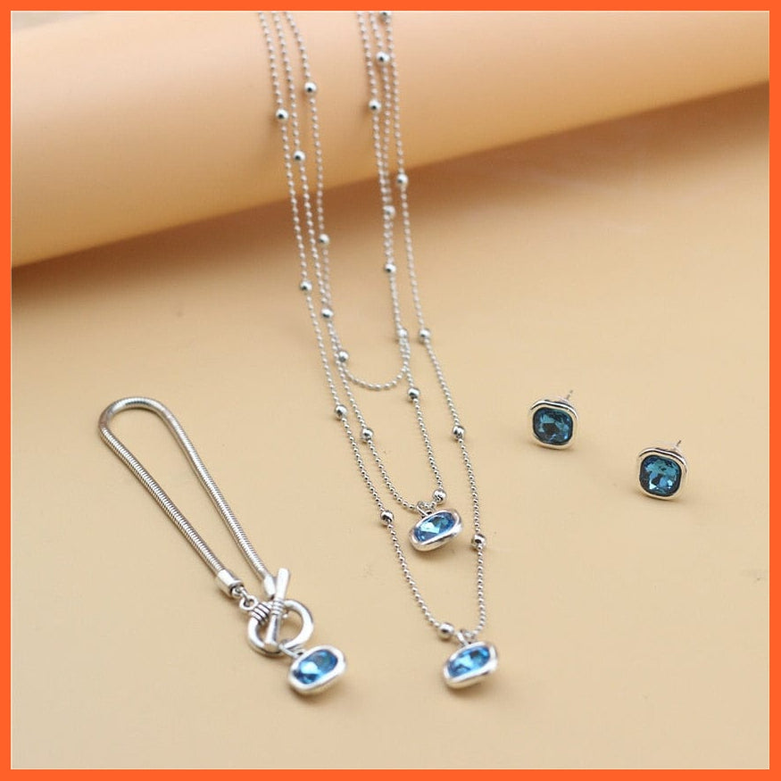 whatagift.com.au Blue Set Trendy Woman Crystal Necklace Set Jewelry Set | Crystal Earring Bracelet For Valentine