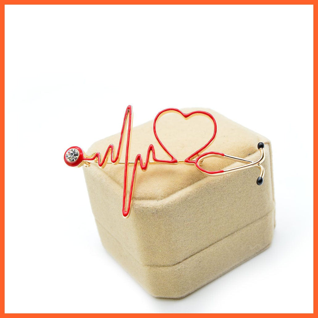 whatagift.com.au Brooches Heart Beating Line Stethoscope Medical Red Enamel Copper Brooch