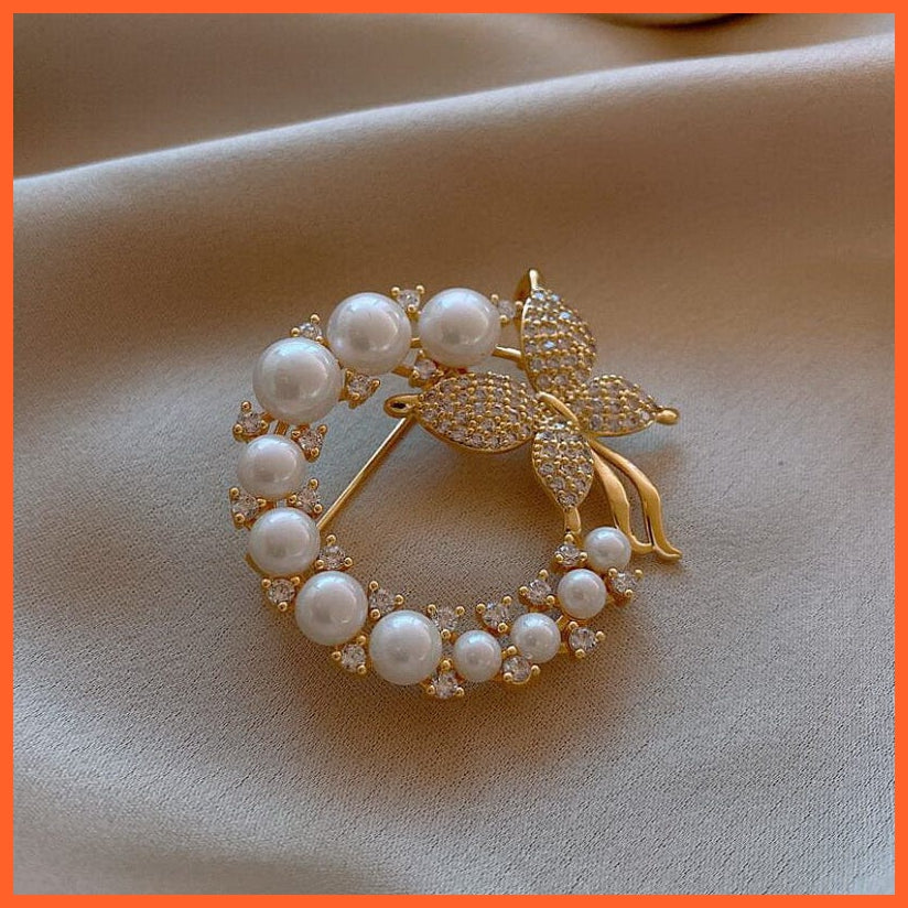 whatagift.com.au Brooches Pearl Rhinestone Wreath Butterfly Brooch for Women | Trendy Elegant Circle Leaf Brooch Pins Party Wedding Gifts