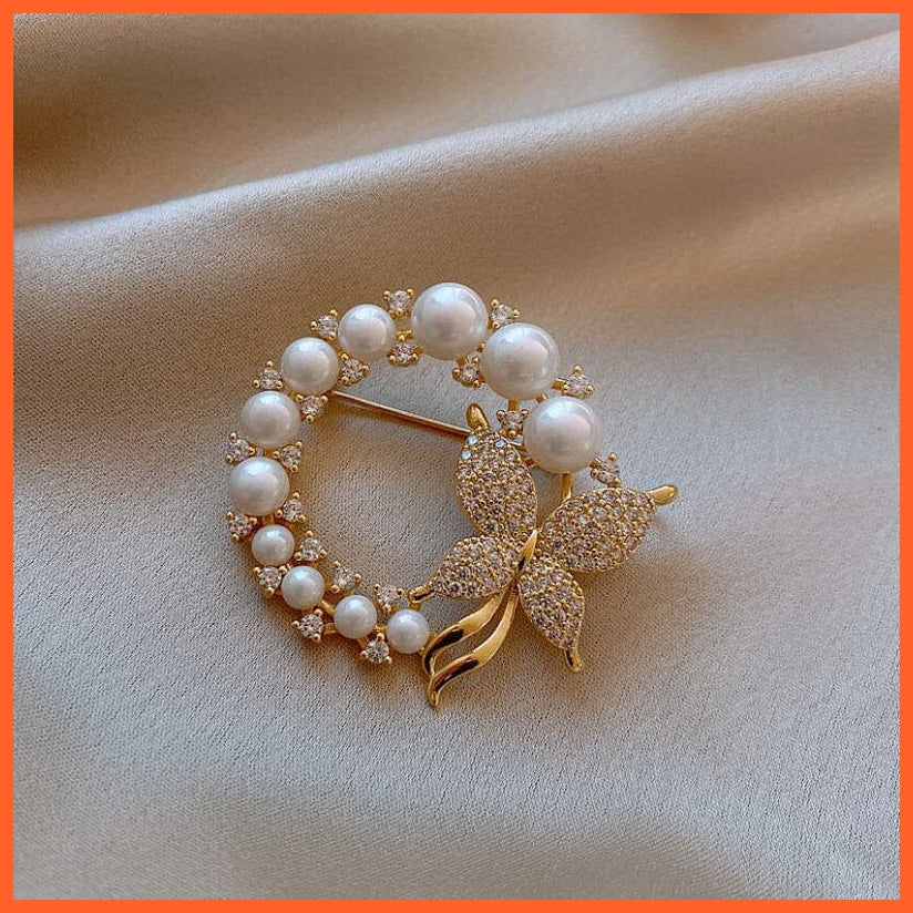 whatagift.com.au Brooches Pearl Rhinestone Wreath Butterfly Brooch for Women | Trendy Elegant Circle Leaf Brooch Pins Party Wedding Gifts