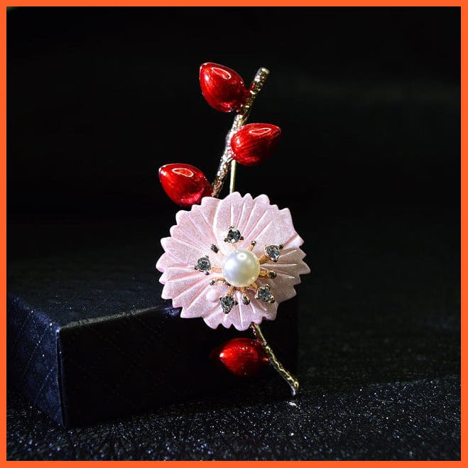 whatagift.com.au Brooches redpink Shell Pearl Flower Brooches | Elegant Fashion Pin Red Crystal Enamel Lapel Pin