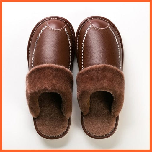 whatagift.com.au Brown / 6.5 Men Winter Leather Slippers Cotton Slippers | Waterproof Thick Plus Velvet Indoor Warm Slippers