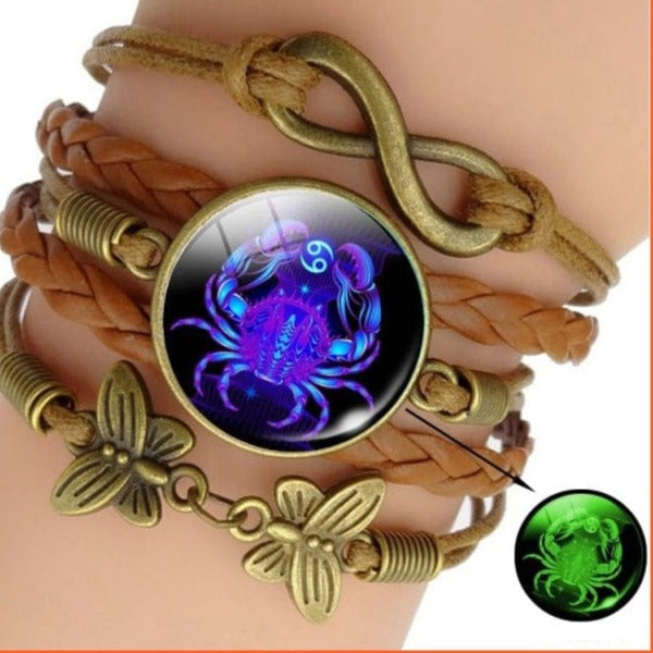 whatagift.com.au Cancer Luminous 12 Zodiac Sign Woven Leather Bracelet