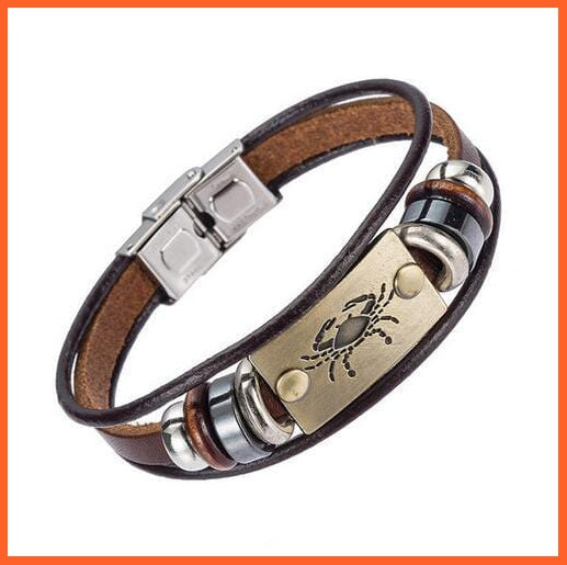 whatagift.com.au Cancer Unisex Stainless Steel 12 Zodiac Signs Genuine Leather Bracelet