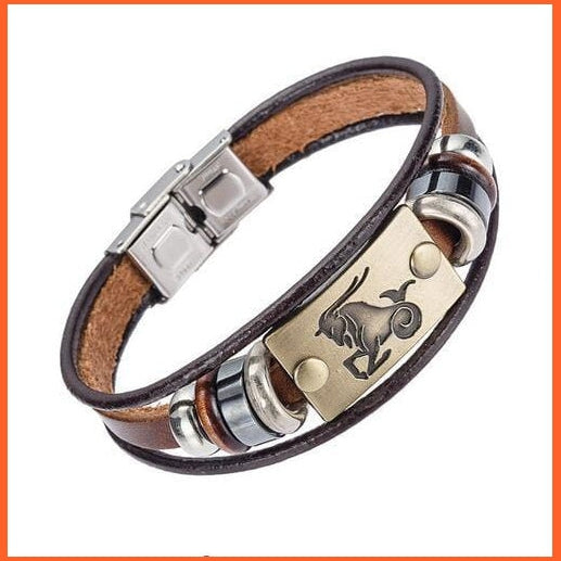 whatagift.com.au Capricorn Unisex Stainless Steel 12 Zodiac Signs Genuine Leather Bracelet