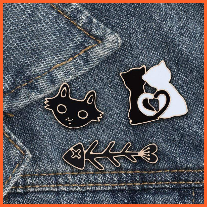 Cartoon Black White Cat Fish Bone Brooch |  Women Men Shirts Lapel Pin Badge Couple Jewellery | whatagift.com.au.