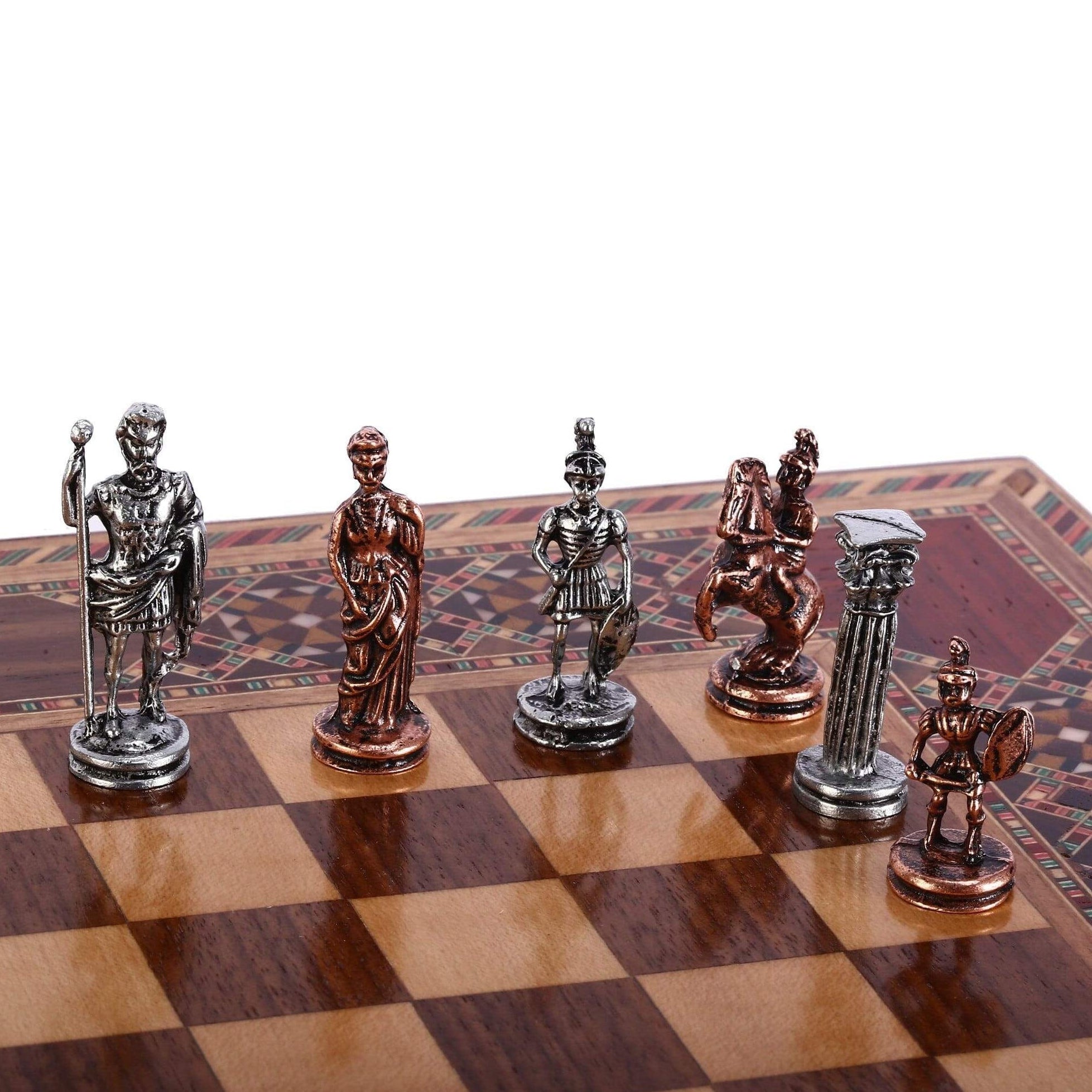 Antique Copper Roman Chess Pieces With Natural Wood Chess Board | Storage In Board | whatagift.com.au.