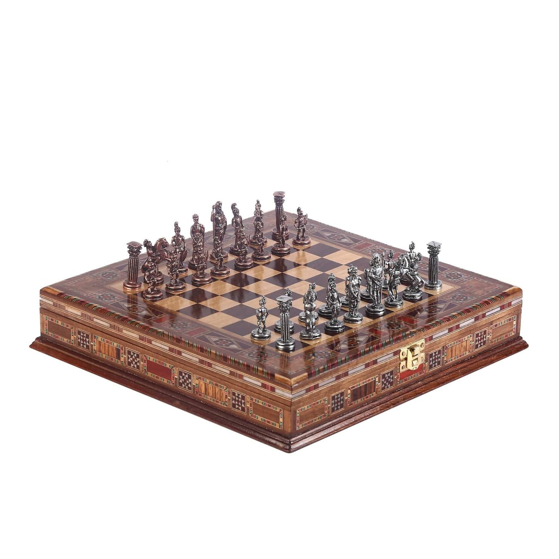 Antique Copper Roman Chess Pieces With Natural Wood Chess Board | Storage In Board | whatagift.com.au.