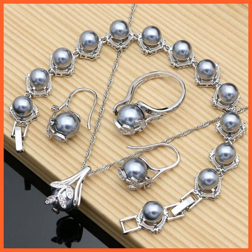 whatagift.com.au China / Gray / Resizable Pearl 925 Silver Jewelry Sets | Pearl Bracelet Open Ring Necklaces Earrings Set For Valentines Day Mothers Day Women Day