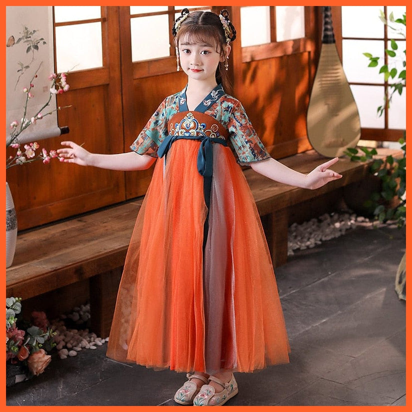 whatagift.com.au Chinese Style Dress blue orange / 3T Chinese Style Folk-custom Patchwork V-Neck Ankle-Length Dresses