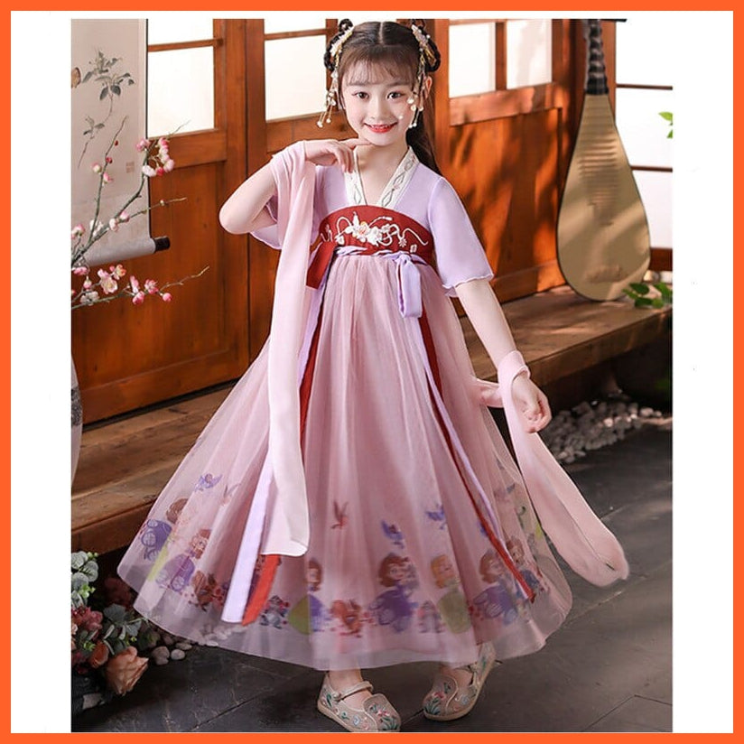 whatagift.com.au Chinese Style Dress purple / 3T Summer Chinese Style Princess Tang Suit V-Neck Short Sleeve Costume