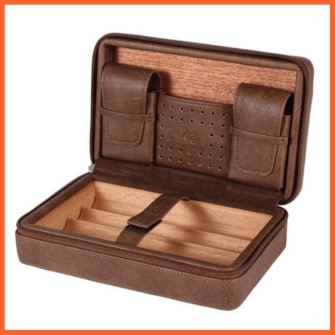 whatagift.com.au Cigars & Ashtrays Brown 3 / China Portable Cigar Humidor Box Travel Leather Cigars Case | Cedar Wood Cigars Set W Lighter Cigar Cutter Holder Humidifier Bag