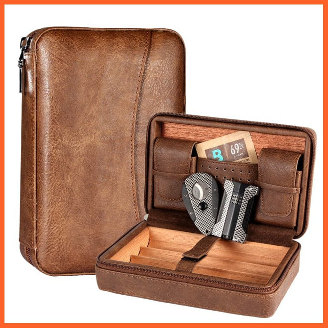 whatagift.com.au Cigars & Ashtrays Brown / China Portable Cigar Humidor Box Travel Leather Cigars Case | Cedar Wood Cigars Set W Lighter Cigar Cutter Holder Humidifier Bag