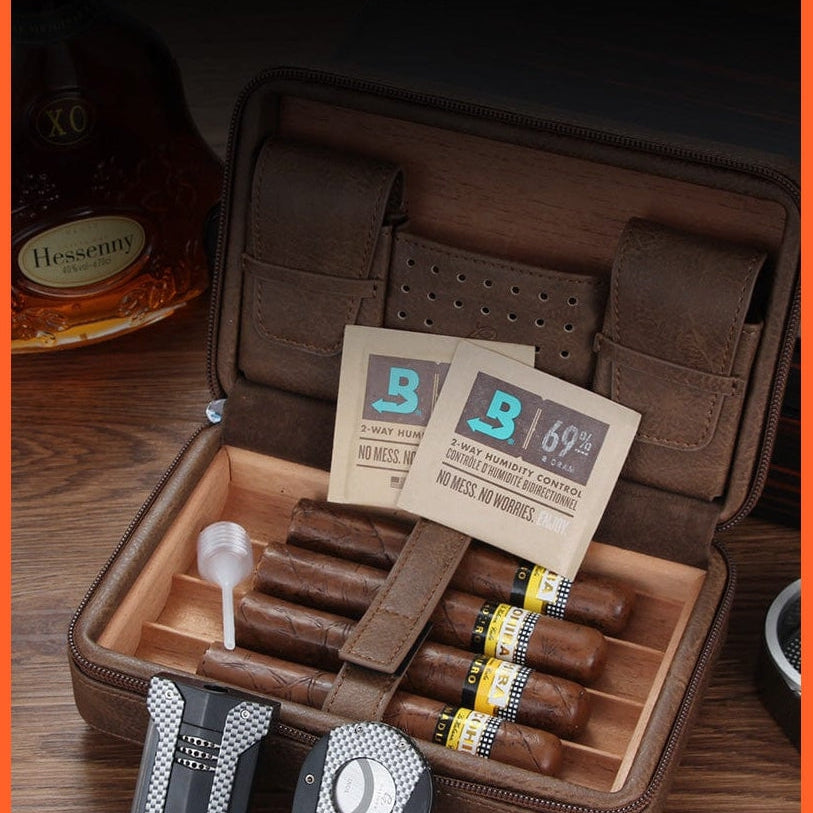 whatagift.com.au Cigars & Ashtrays Portable Cigar Humidor Box Travel Leather Cigars Case | Cedar Wood Cigars Set W Lighter Cigar Cutter Holder Humidifier Bag