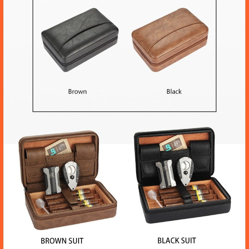 whatagift.com.au Cigars & Ashtrays Portable Cigar Humidor Box Travel Leather Cigars Case | Cedar Wood Cigars Set W Lighter Cigar Cutter Holder Humidifier Bag