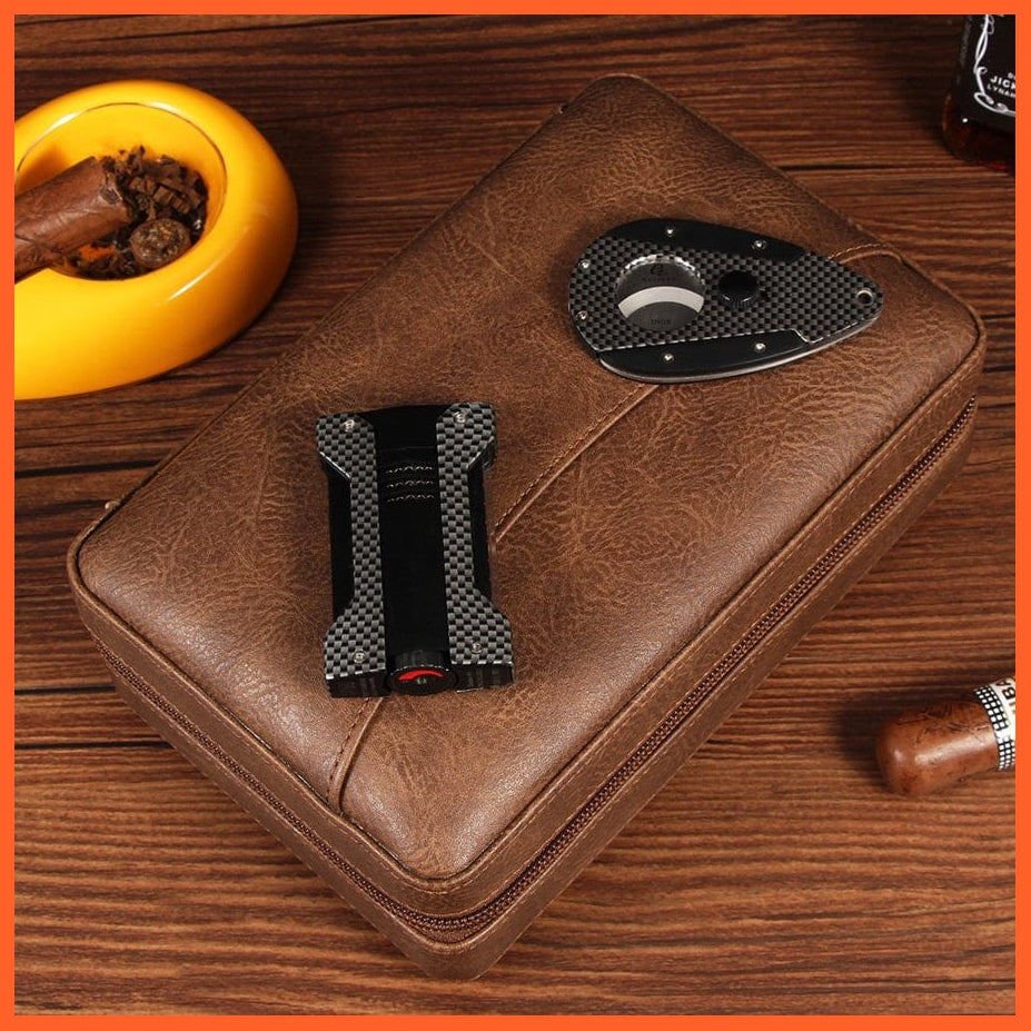 whatagift.com.au Cigars & Ashtrays Portable Cigar Humidor Box Travel Leather Cigars Case | Cedar Wood Cigars Set W Lighter Cigar Cutter Holder Humidifier Bag