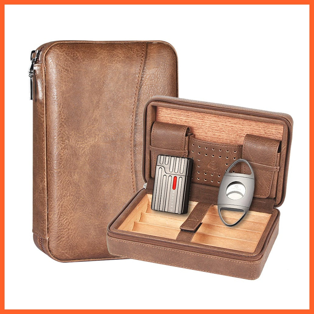 whatagift.com.au Cigars & Ashtrays Portable Cigar Humidor Box Travel Leather Cigars Case | Cedar Wood Cigars Set W Lighter Cigar Cutter Holder Humidifier Bag