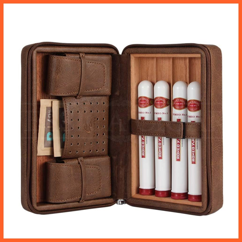 whatagift.com.au Cigars & Ashtrays Portable Cigar Humidor Box Travel Leather Cigars Case | Cedar Wood Cigars Set W Lighter Cigar Cutter Holder Humidifier Bag