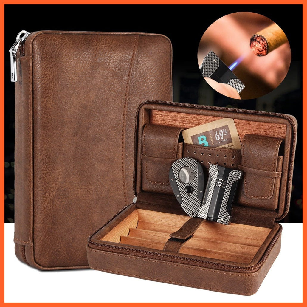 whatagift.com.au Cigars & Ashtrays Portable Cigar Humidor Box Travel Leather Cigars Case | Cedar Wood Cigars Set W Lighter Cigar Cutter Holder Humidifier Bag