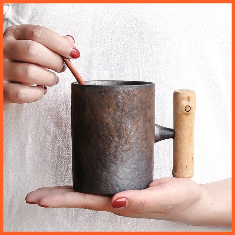 Japanese-Style Vintage Rust Look Ceramic Coffee Mug Tumbler With Wood Handle | whatagift.com.au.