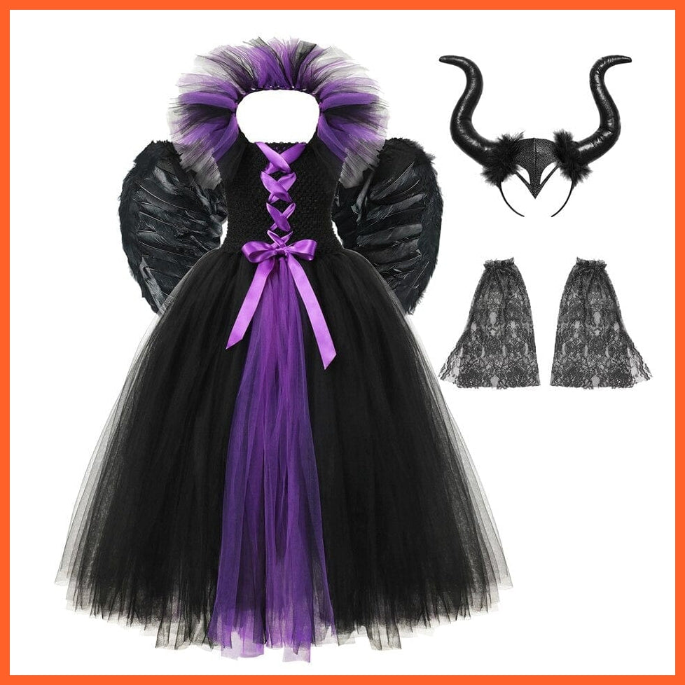 Gothic Evil Witch Princess Mesh Skirts With Horns | Maleficent Costume For Girls Halloween Witch Cosplay Outfits | whatagift.com.au.