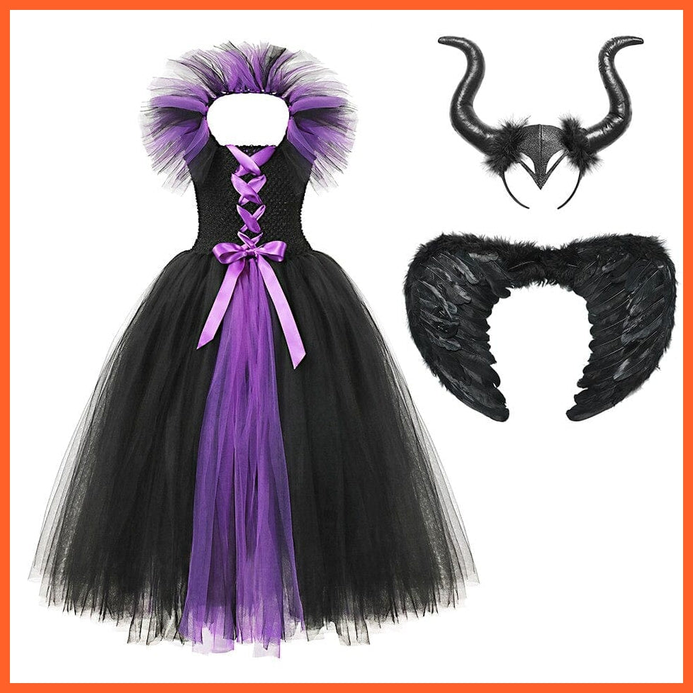 Gothic Evil Witch Princess Mesh Skirts With Horns | Maleficent Costume For Girls Halloween Witch Cosplay Outfits | whatagift.com.au.