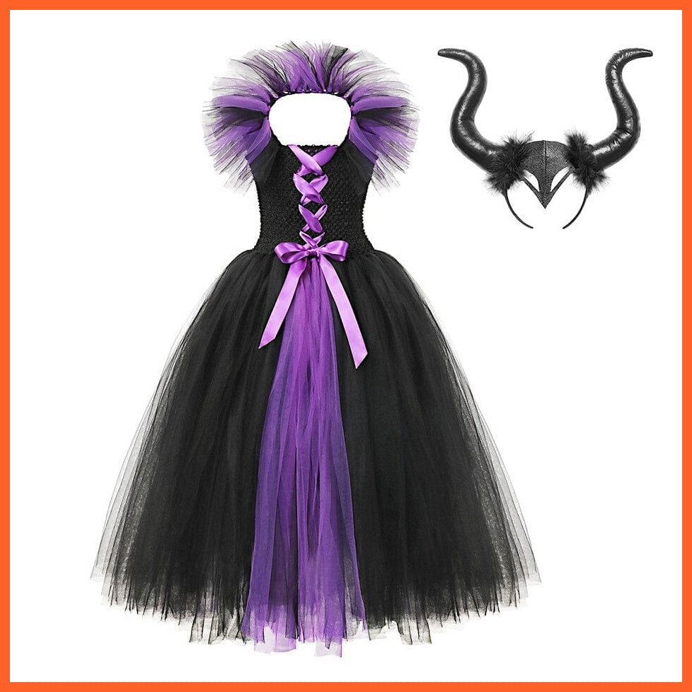 Gothic Evil Witch Princess Mesh Skirts With Horns | Maleficent Costume For Girls Halloween Witch Cosplay Outfits | whatagift.com.au.