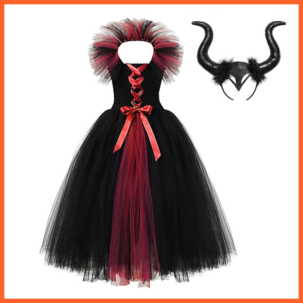 Gothic Evil Witch Princess Mesh Skirts With Horns | Maleficent Costume For Girls Halloween Witch Cosplay Outfits | whatagift.com.au.