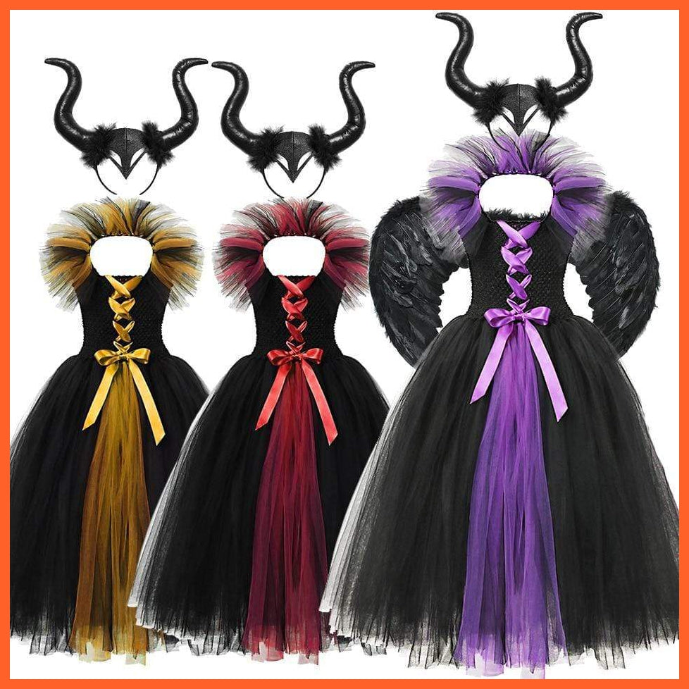 Gothic Evil Witch Princess Mesh Skirts With Horns Maleficent Costume For Girls | Halloween Witch Cosplay Outfits For Girls | whatagift.com.au.