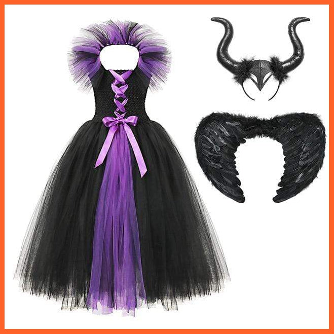 Gothic Evil Witch Princess Mesh Skirts With Horns Maleficent Costume For Girls | Halloween Witch Cosplay Outfits For Girls | whatagift.com.au.