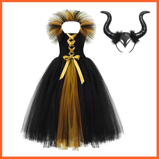 Gothic Evil Witch Princess Mesh Skirts With Horns Maleficent Costume For Girls | Halloween Witch Cosplay Outfits For Girls | whatagift.com.au.