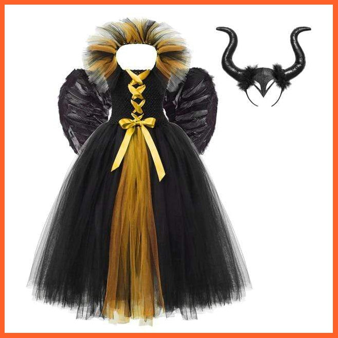 Gothic Evil Witch Princess Mesh Skirts With Horns Maleficent Costume For Girls | Halloween Witch Cosplay Outfits For Girls | whatagift.com.au.