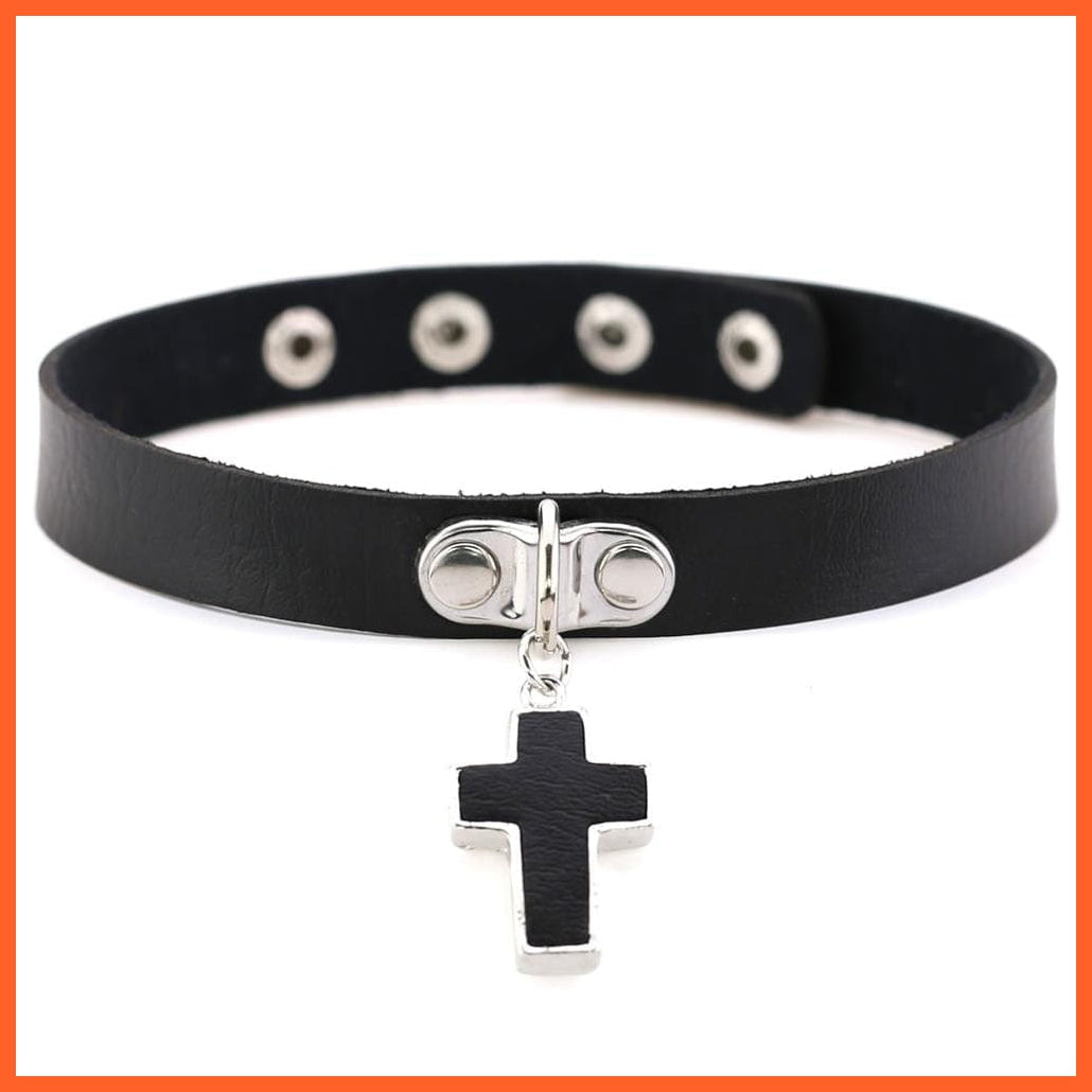 whatagift.uk cross PU Leather Rivet Choker Chain Necklace For Women