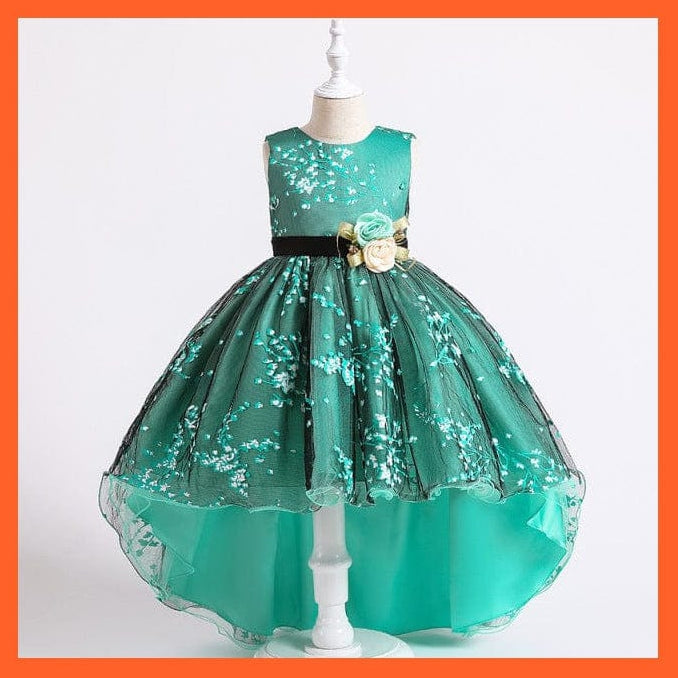 whatagift.com.au D1382-Green / 3T Baby Girls Flower Print Princess Ball Gown Party Trailing Dress
