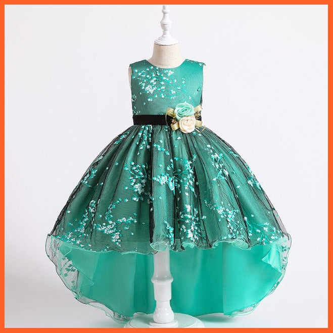 whatagift.com.au D1382-Green / 7 Baby Girls Flower Print Princess Ball Gown Party Trailing Dress