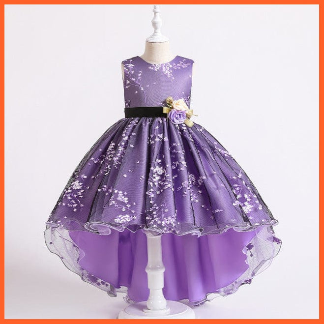 whatagift.com.au D1382-Purple / 11 Baby Girls Flower Print Princess Ball Gown Party Trailing Dress