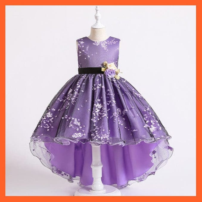 whatagift.com.au D1382-Purple / 3T Baby Girls Flower Print Princess Ball Gown Party Trailing Dress